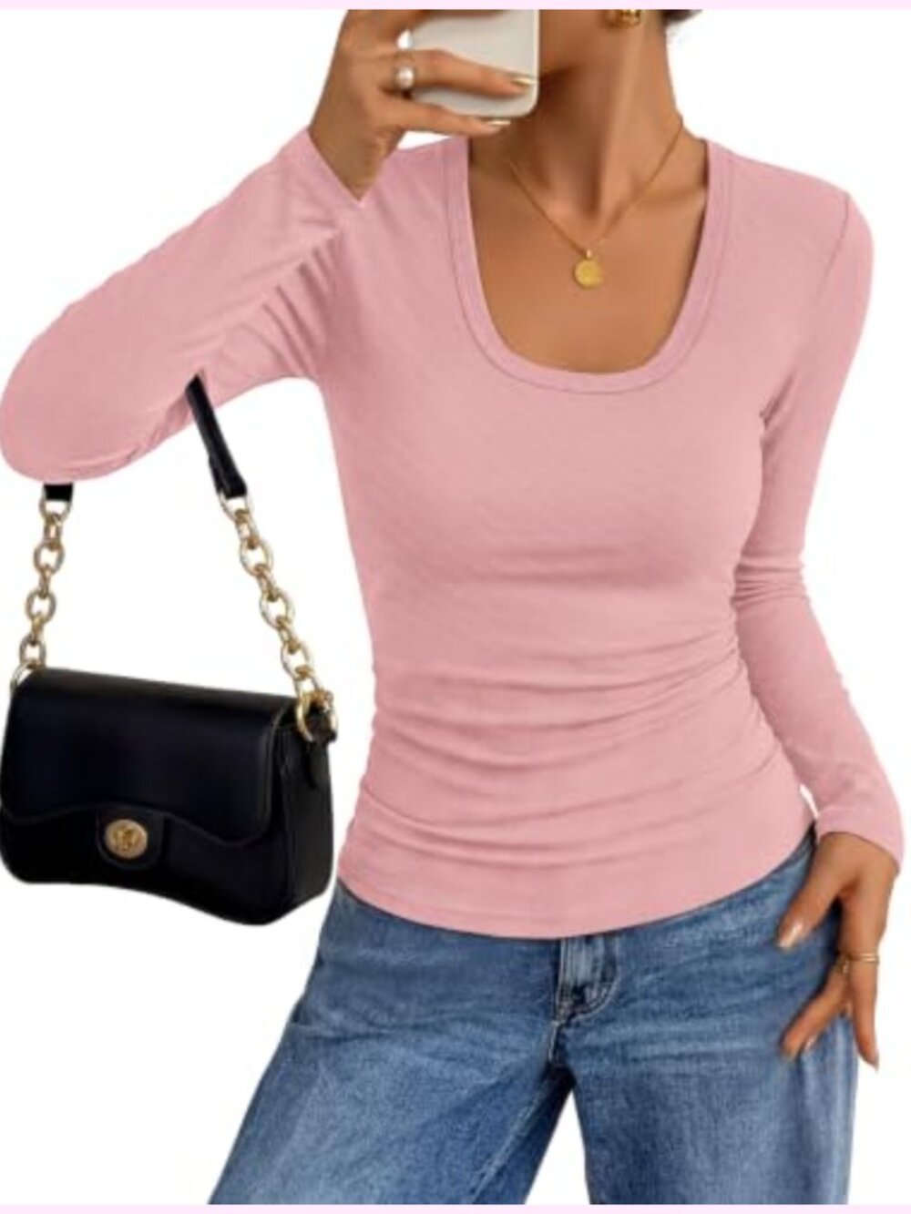 Long Sleeve Square Neck Ribbed Knit Tops Ruched Business Casual